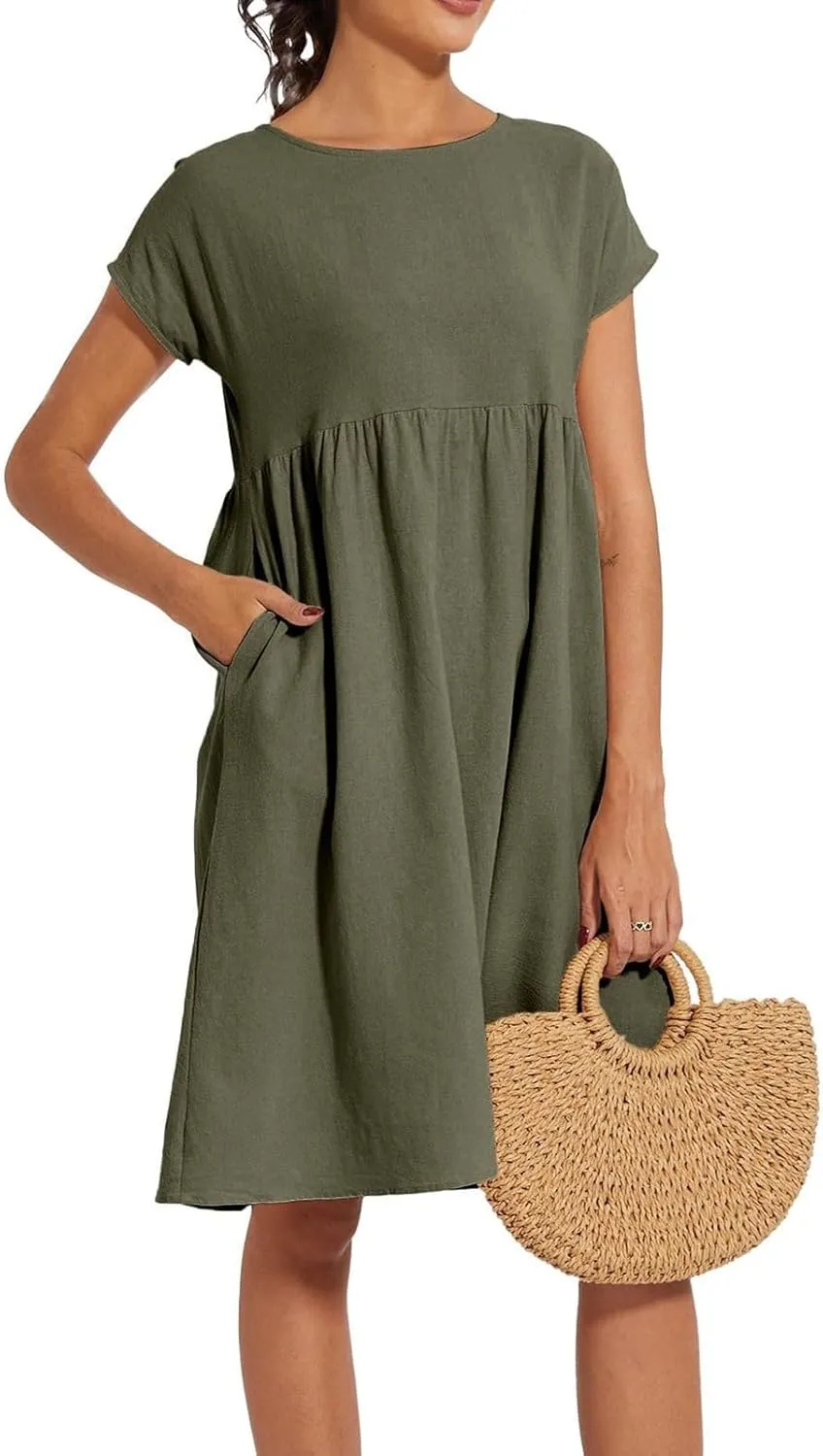 Women's Summer A-Line Dress Plus Size Crew Neck Casual Comfy Cotton Short Sleeve Dresses with Pockets Vacation Outfits