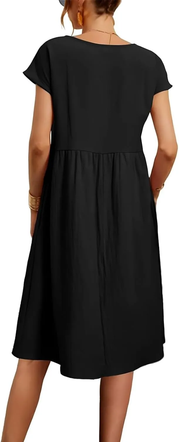 Women's Summer A-Line Dress Plus Size Crew Neck Casual Comfy Cotton Short Sleeve Dresses with Pockets Vacation Outfits