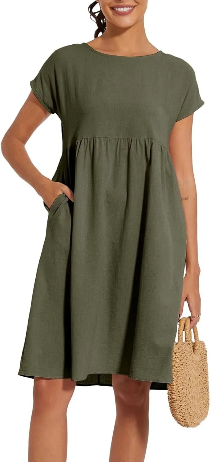 Women's Summer A-Line Dress Plus Size Crew Neck Casual Comfy Cotton Short Sleeve Dresses with Pockets Vacation Outfits