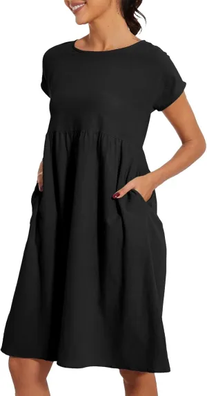 Women's Summer A-Line Dress Plus Size Crew Neck Casual Comfy Cotton Short Sleeve Dresses with Pockets Vacation Outfits