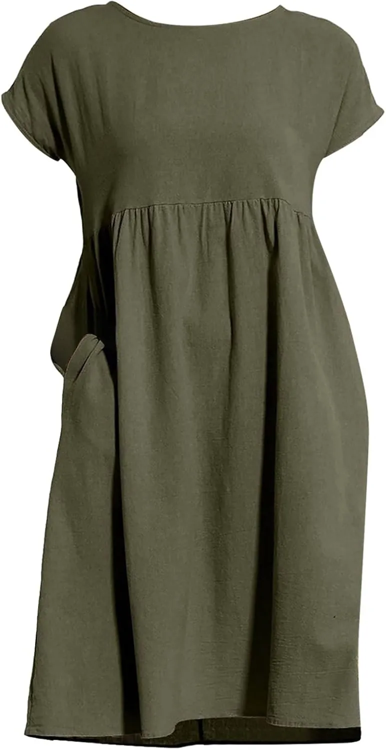 Women's Summer A-Line Dress Plus Size Crew Neck Casual Comfy Cotton Short Sleeve Dresses with Pockets Vacation Outfits