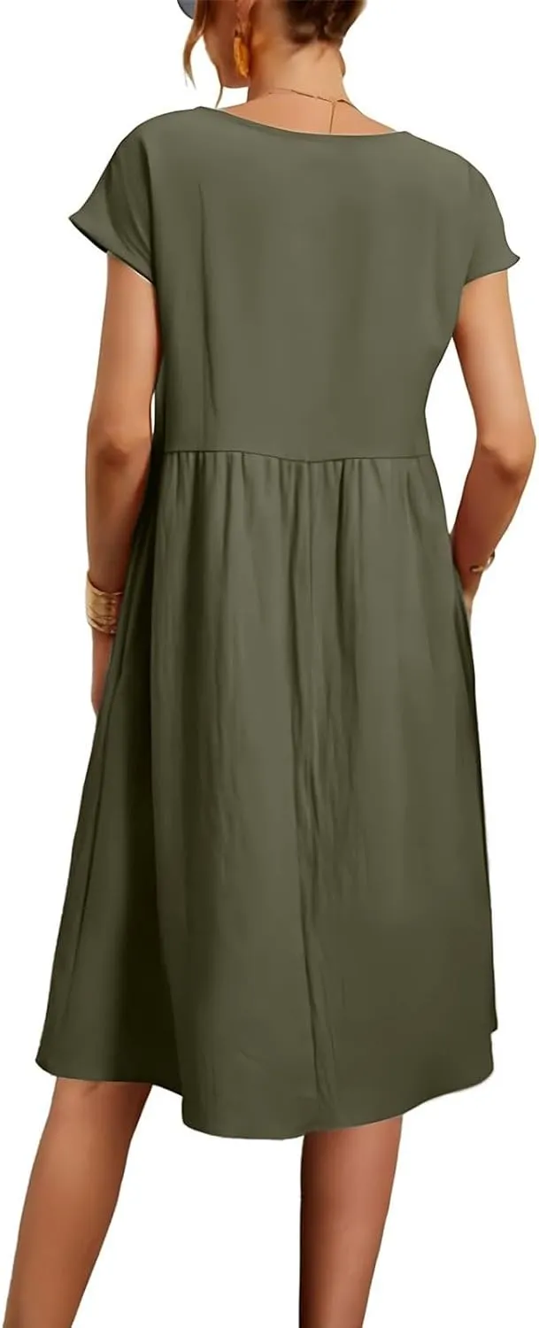Women's Summer A-Line Dress Plus Size Crew Neck Casual Comfy Cotton Short Sleeve Dresses with Pockets Vacation Outfits