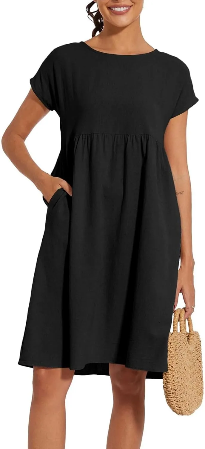 Women's Summer A-Line Dress Plus Size Crew Neck Casual Comfy Cotton Short Sleeve Dresses with Pockets Vacation Outfits
