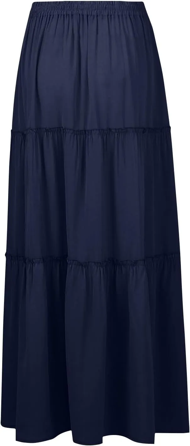 Women's Summer Boho Maxi Skirt A-Line Flowy Ruffle Tiered Elastic High Waist Beach Pleated Long Skirts with Pockets
