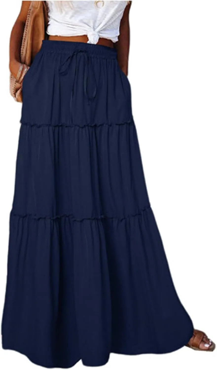 Women's Summer Boho Maxi Skirt A-Line Flowy Ruffle Tiered Elastic High Waist Beach Pleated Long Skirts with Pockets