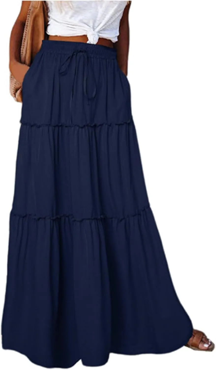 Women's Summer Boho Maxi Skirt A-Line Flowy Ruffle Tiered Elastic High Waist Beach Pleated Long Skirts with Pockets