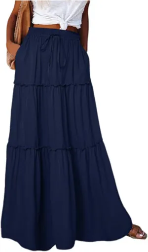 Women's Summer Boho Maxi Skirt A-Line Flowy Ruffle Tiered Elastic High Waist Beach Pleated Long Skirts with Pockets