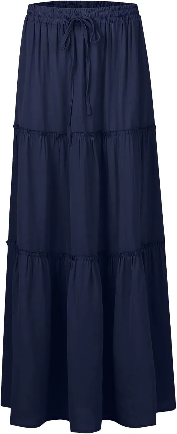 Women's Summer Boho Maxi Skirt A-Line Flowy Ruffle Tiered Elastic High Waist Beach Pleated Long Skirts with Pockets