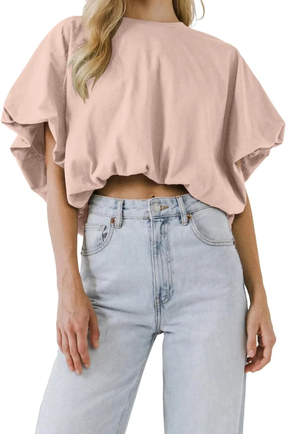 Womens Summer Crewneck Crop Tops Short Sleeve Casual Loose Cropped T Shirts