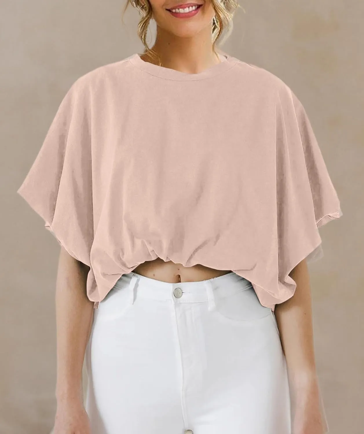 Womens Summer Crewneck Crop Tops Short Sleeve Casual Loose Cropped T Shirts