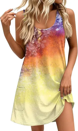 Womens Summer Dresses 2025 Casual Loose Sleeveless Sundresses Boho Floral Hawaiian Beach Dresses with Pockets S-3XL