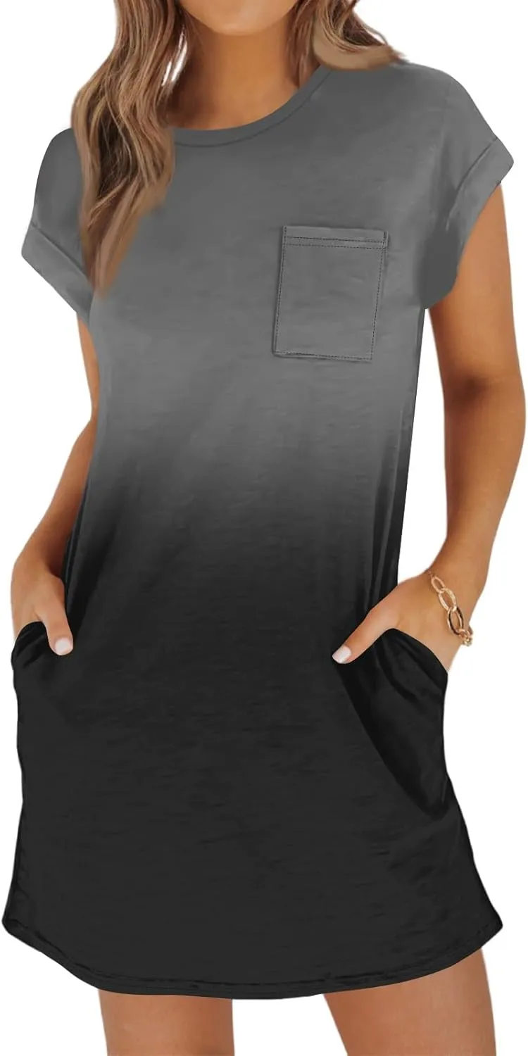 Womens Summer Dresses 2025 Loose Scoop Neck Short Sleeve Sundresses Dress with Pockets