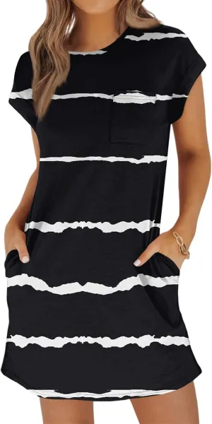 Womens Summer Dresses 2025 Loose Scoop Neck Short Sleeve Sundresses Dress with Pockets