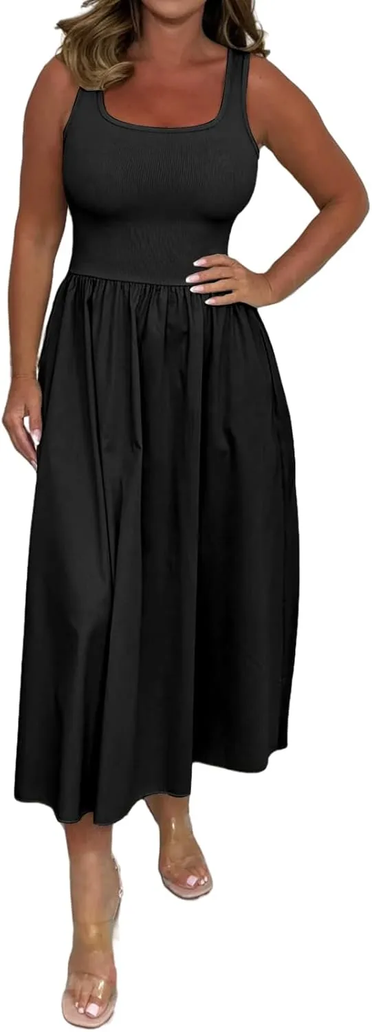 Womens Summer Dresses Casual Maxi Dress Flowy Business Tank Dress Long Sleeveless Beach Vacation Midi Sundress