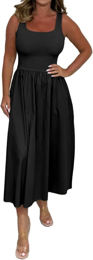 Womens Summer Dresses Casual Maxi Dress Flowy Business Tank Dress Long Sleeveless Beach Vacation Midi Sundress