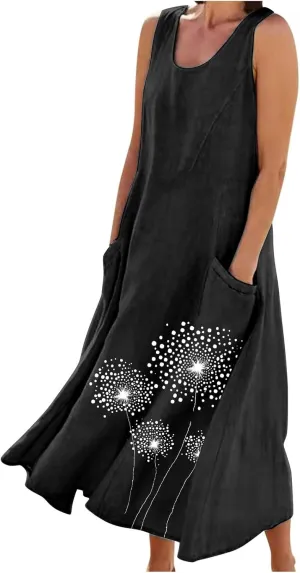Womens Summer Linen Dresses Casual Floral Dresses Loose Fit Maxi Dresses Trendy Summer Beach Clothes with Pocket