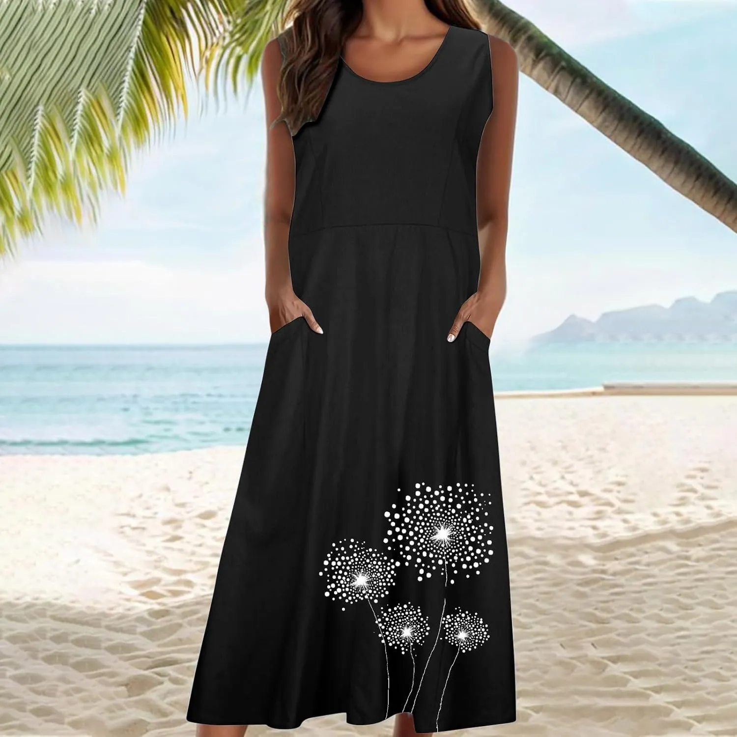 Womens Summer Linen Dresses Casual Floral Dresses Loose Fit Maxi Dresses Trendy Summer Beach Clothes with Pocket