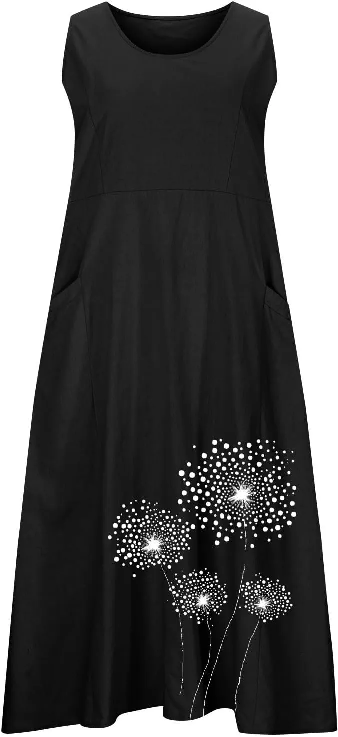 Womens Summer Linen Dresses Casual Floral Dresses Loose Fit Maxi Dresses Trendy Summer Beach Clothes with Pocket
