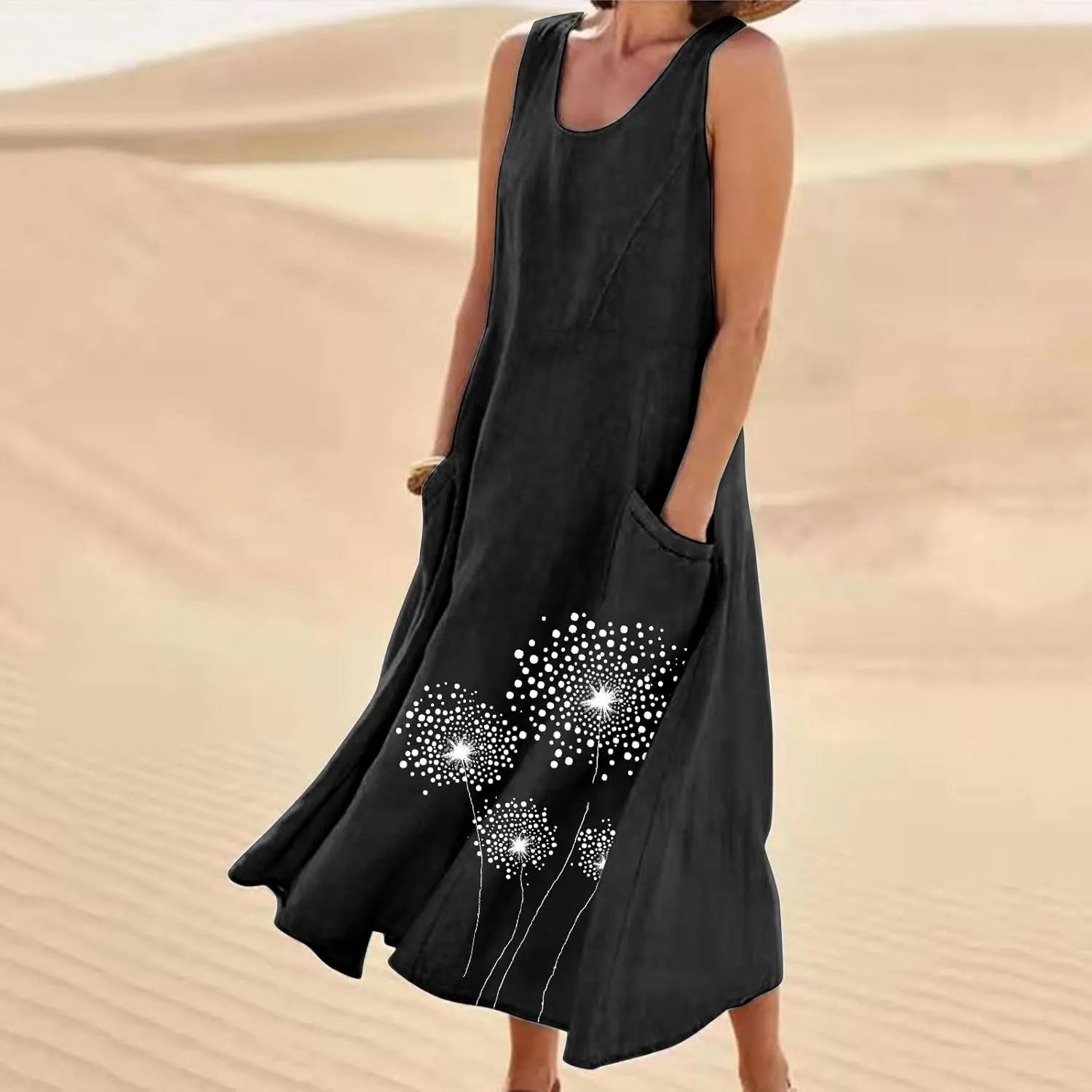 Womens Summer Linen Dresses Casual Floral Dresses Loose Fit Maxi Dresses Trendy Summer Beach Clothes with Pocket