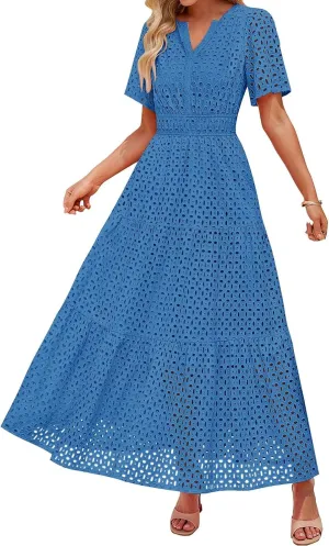Womens Summer Short Sleeve Maxi Dress Casual V Neck Hollow Out Eyelet Ruffle Swing A Line Long Dress Vacation Outfits