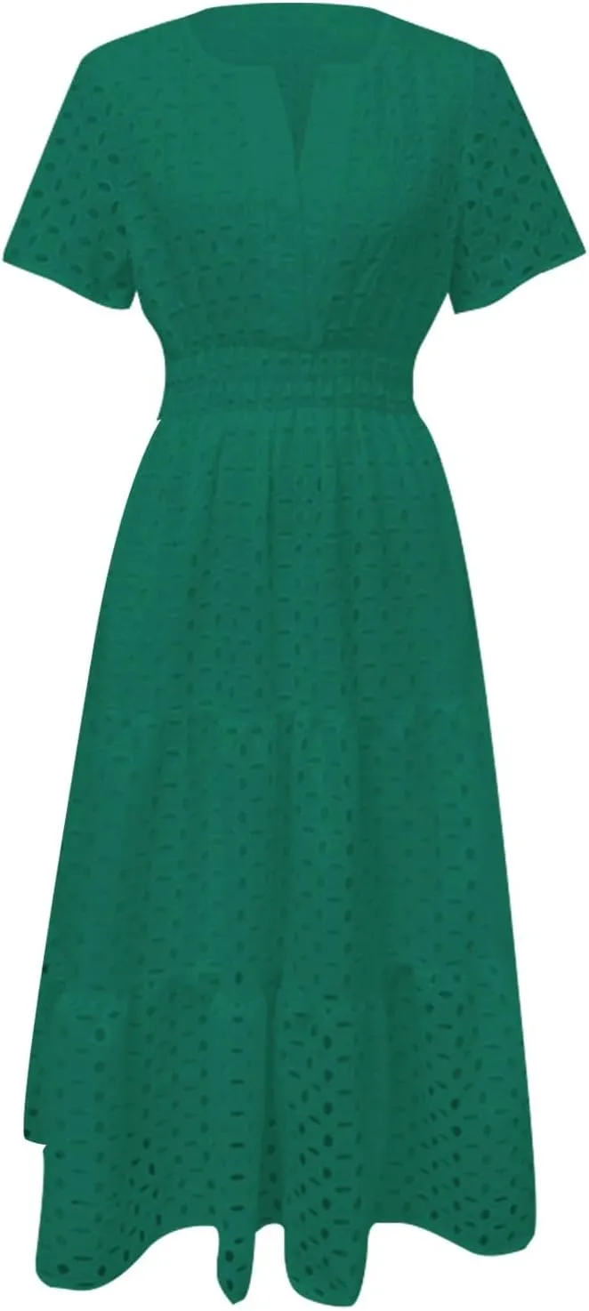 Womens Summer Short Sleeve Maxi Dress Casual V Neck Hollow Out Eyelet Ruffle Swing A Line Long Dress Vacation Outfits