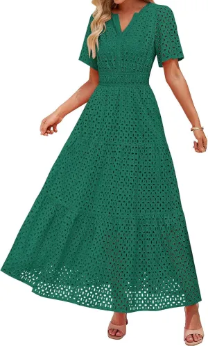 Womens Summer Short Sleeve Maxi Dress Casual V Neck Hollow Out Eyelet Ruffle Swing A Line Long Dress Vacation Outfits