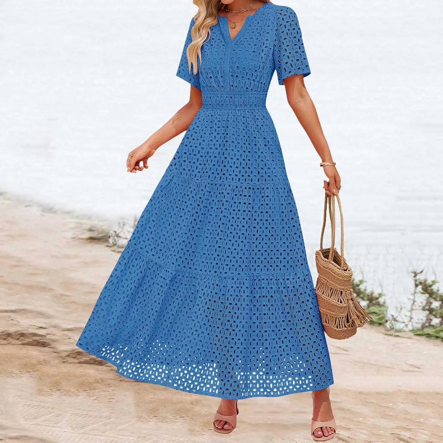 Womens Summer Short Sleeve Maxi Dress Casual V Neck Hollow Out Eyelet Ruffle Swing A Line Long Dress Vacation Outfits