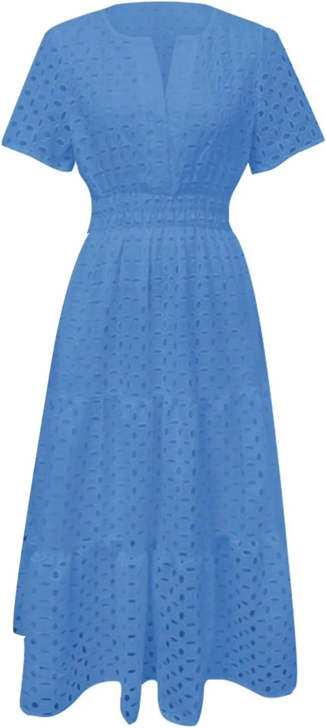 Womens Summer Short Sleeve Maxi Dress Casual V Neck Hollow Out Eyelet Ruffle Swing A Line Long Dress Vacation Outfits