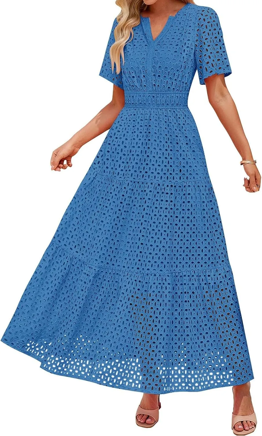 Womens Summer Short Sleeve Maxi Dress Casual V Neck Hollow Out Eyelet Ruffle Swing A Line Long Dress Vacation Outfits