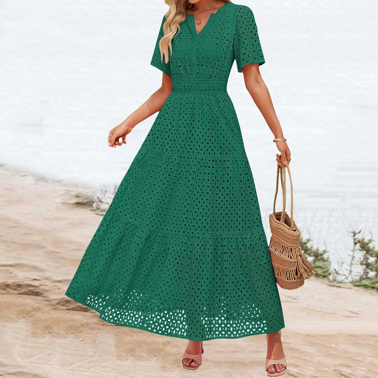 Womens Summer Short Sleeve Maxi Dress Casual V Neck Hollow Out Eyelet Ruffle Swing A Line Long Dress Vacation Outfits