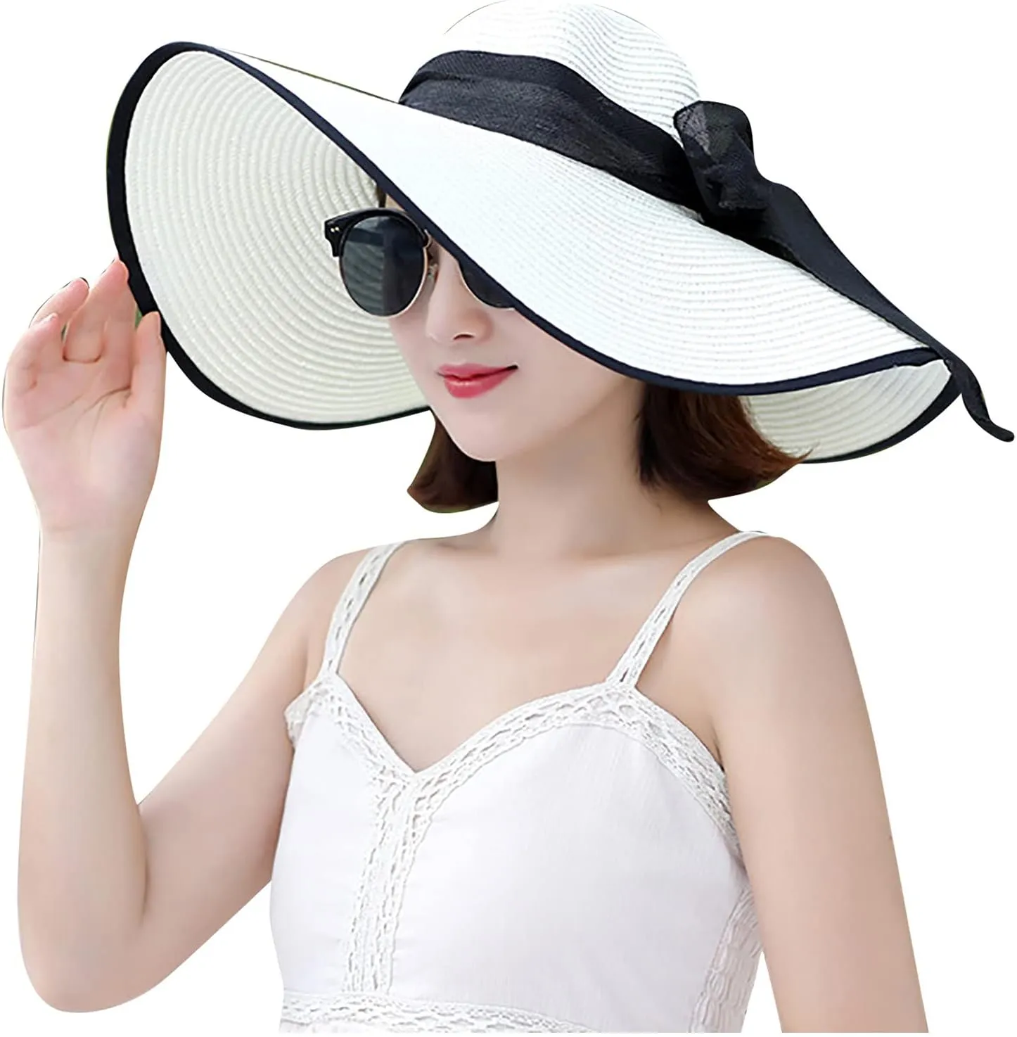 Womens Summer Straw Hats Bowknot Wide Brim Sun Hat UV Protection Foldable Traveling Vacation Beach Hats