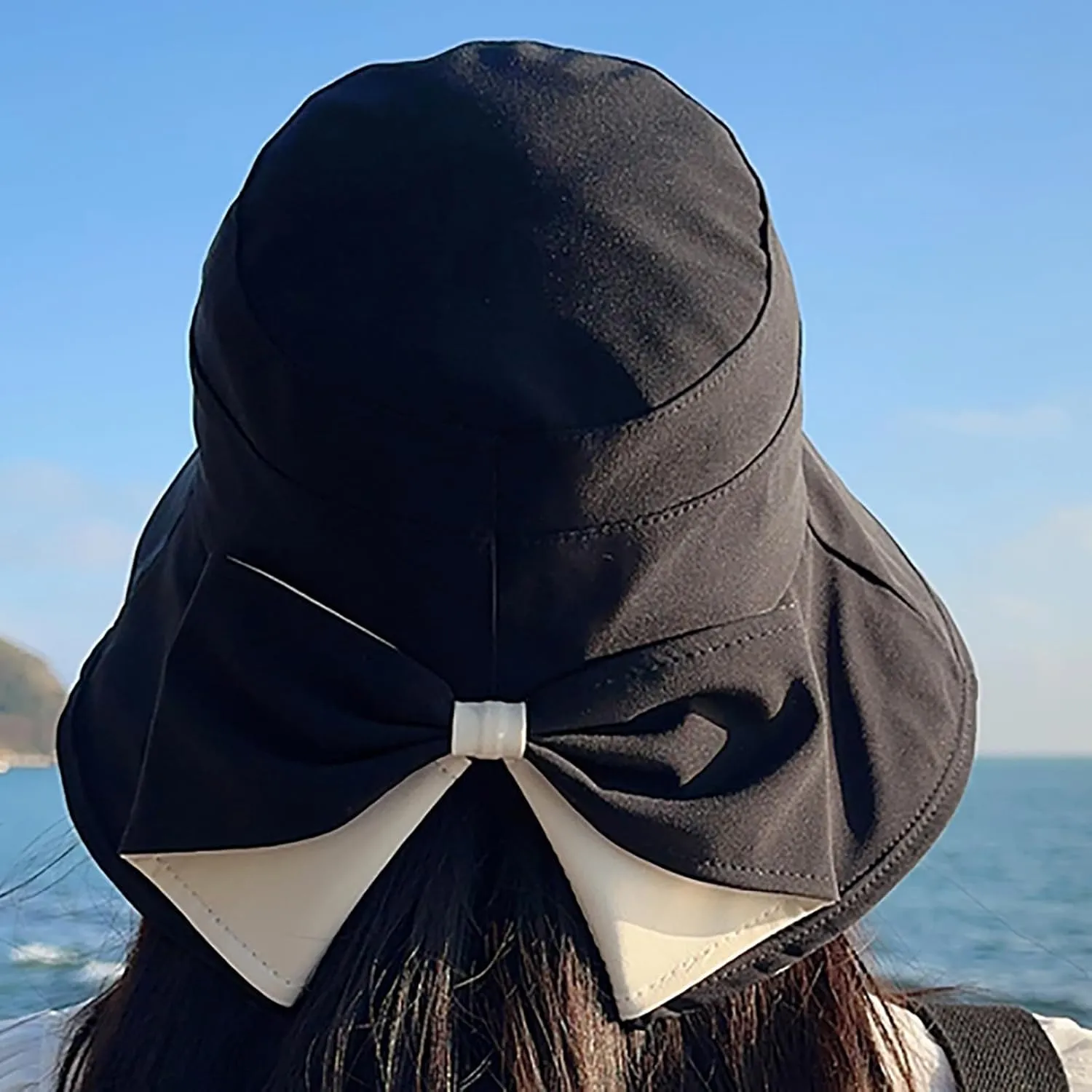 Womens Summer Sun Hats Bowknot Bucket Sun-Hat Wide Brim Cap Packable Ponytail Hat UPF50  Outdoor Caps for Travel