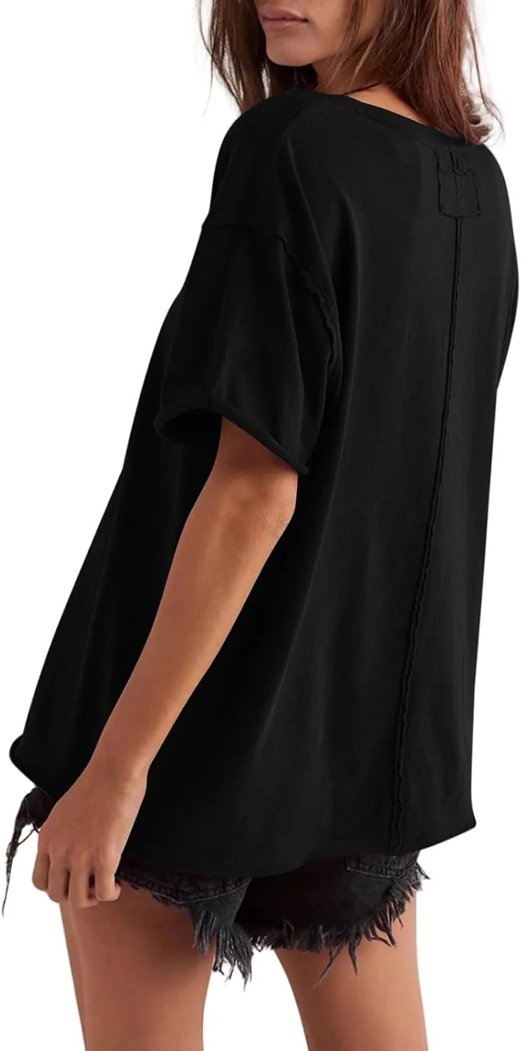 Womens Summer T-Shirts Casual Loose Crew Neck Short Sleeve Tops Trendy Classic Solid Color Vacation Pullover Tees