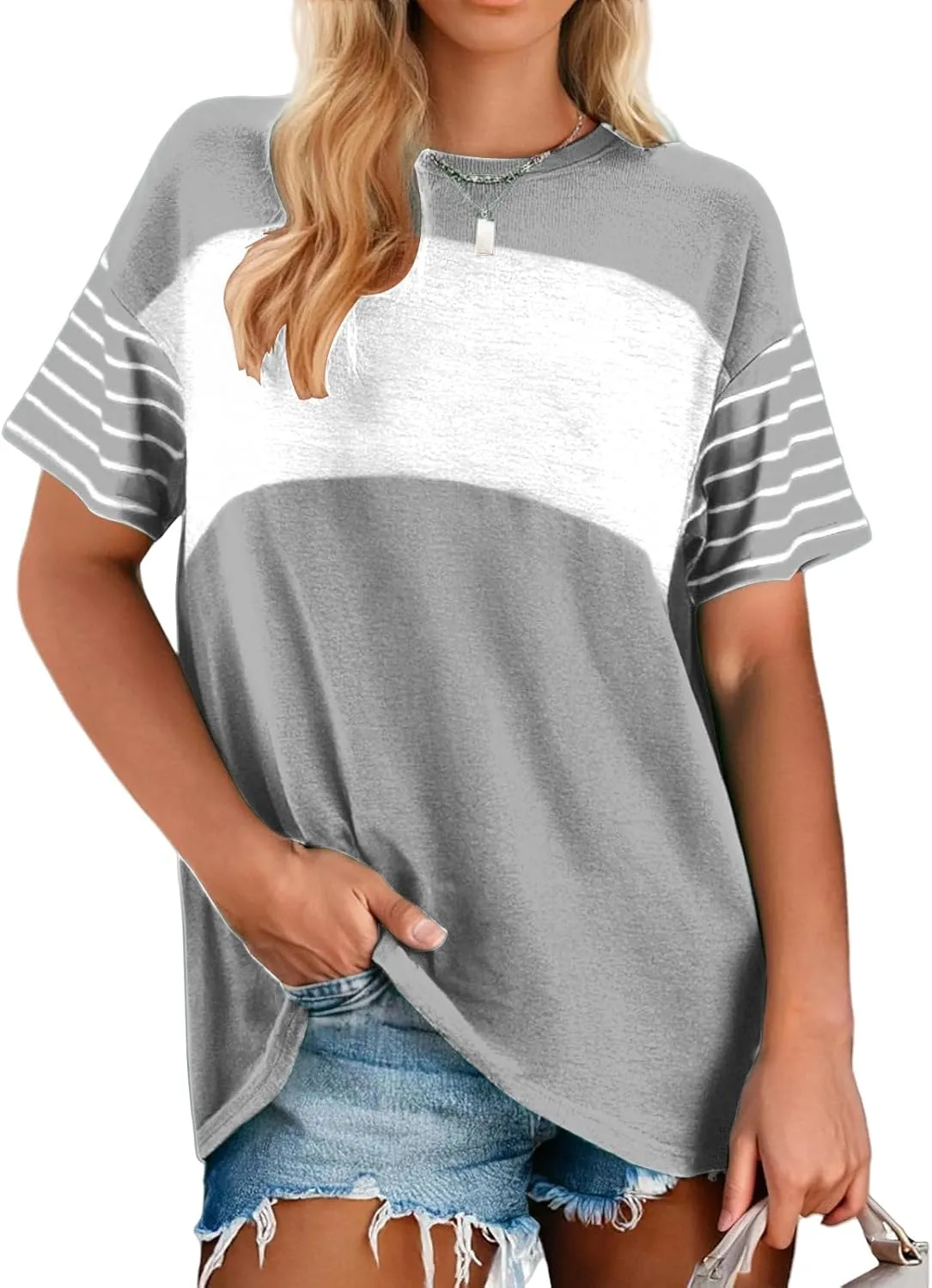 Womens Summer T-Shirts Crewneck Striped Color Block Shirts Casual Loose Fit Tshirts Oversized 2025 Trendy Tops