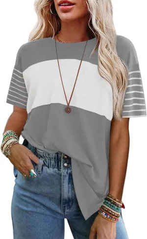 Womens Summer T-Shirts Crewneck Striped Color Block Shirts Casual Loose Fit Tshirts Oversized 2025 Trendy Tops