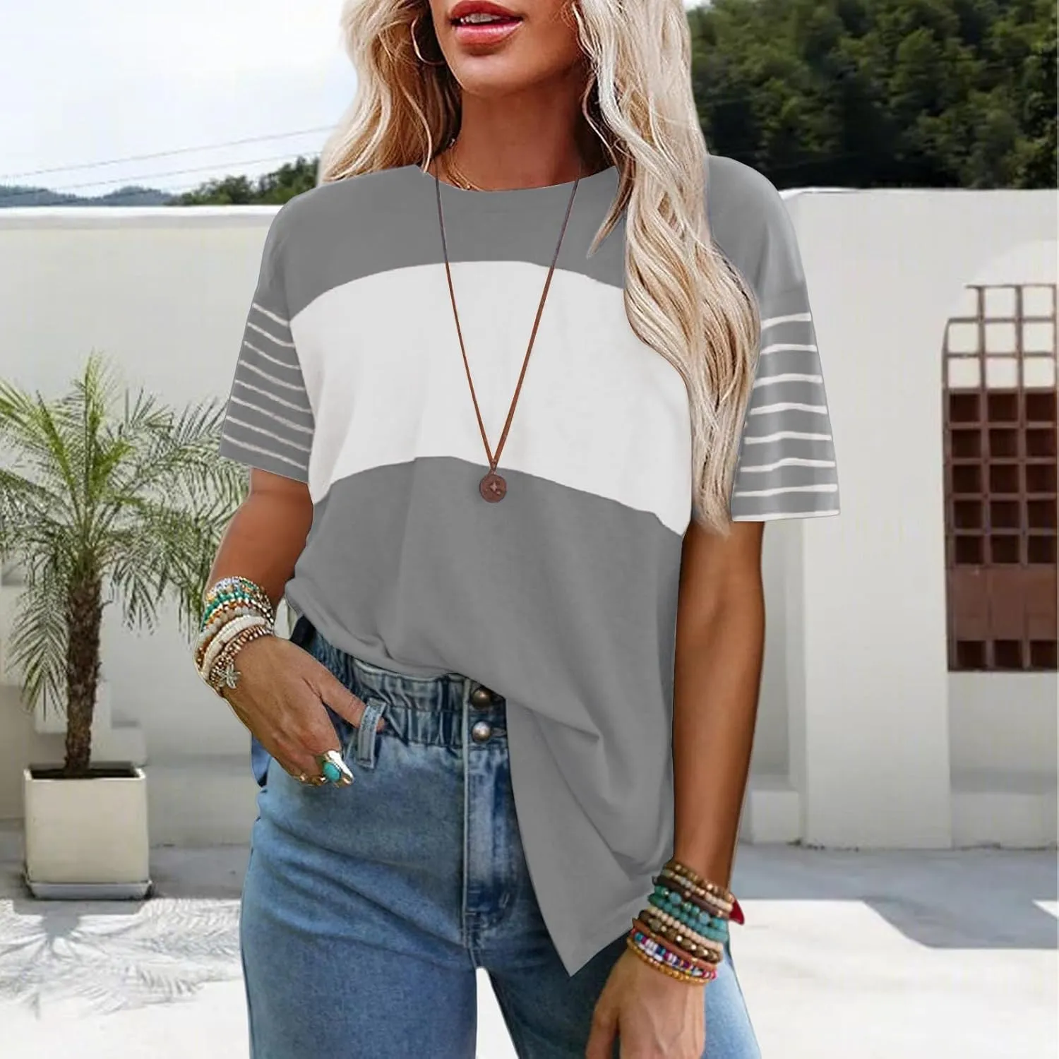 Womens Summer T-Shirts Crewneck Striped Color Block Shirts Casual Loose Fit Tshirts Oversized 2025 Trendy Tops