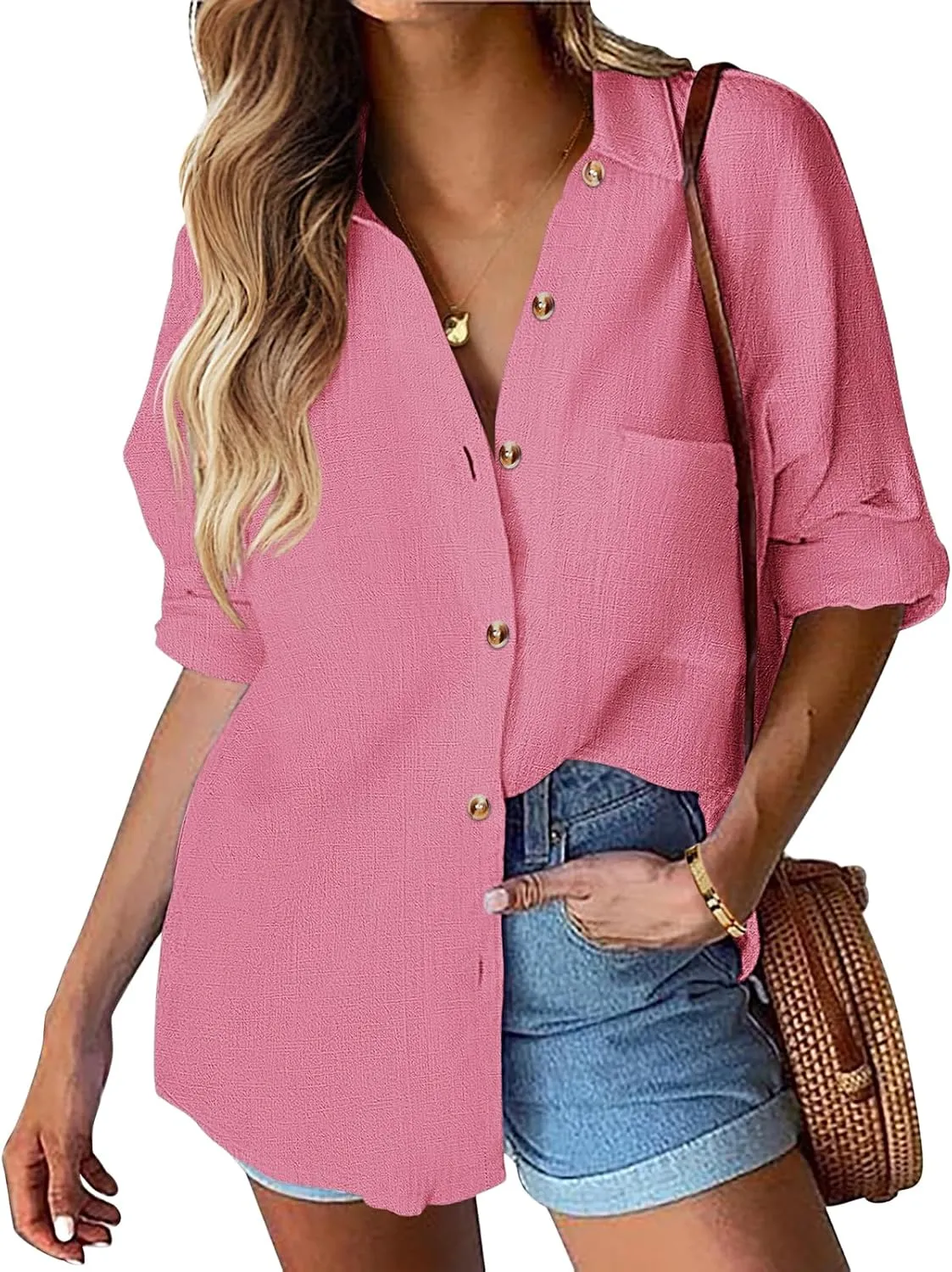 Womens Summer Tops Casual Linen Button Down Shirt V Neck Collared Long Sleeve Shirts Loose Fit Beach Tops with Pocket