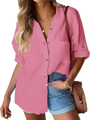 Womens Summer Tops Casual Linen Button Down Shirt V Neck Collared Long Sleeve Shirts Loose Fit Beach Tops with Pocket