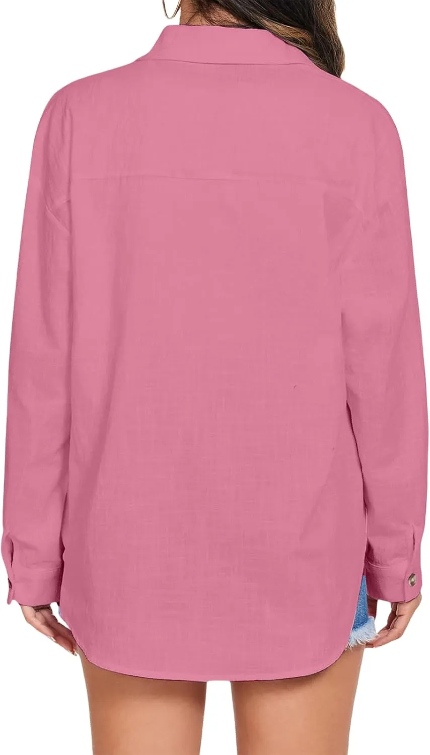 Womens Summer Tops Casual Linen Button Down Shirt V Neck Collared Long Sleeve Shirts Loose Fit Beach Tops with Pocket