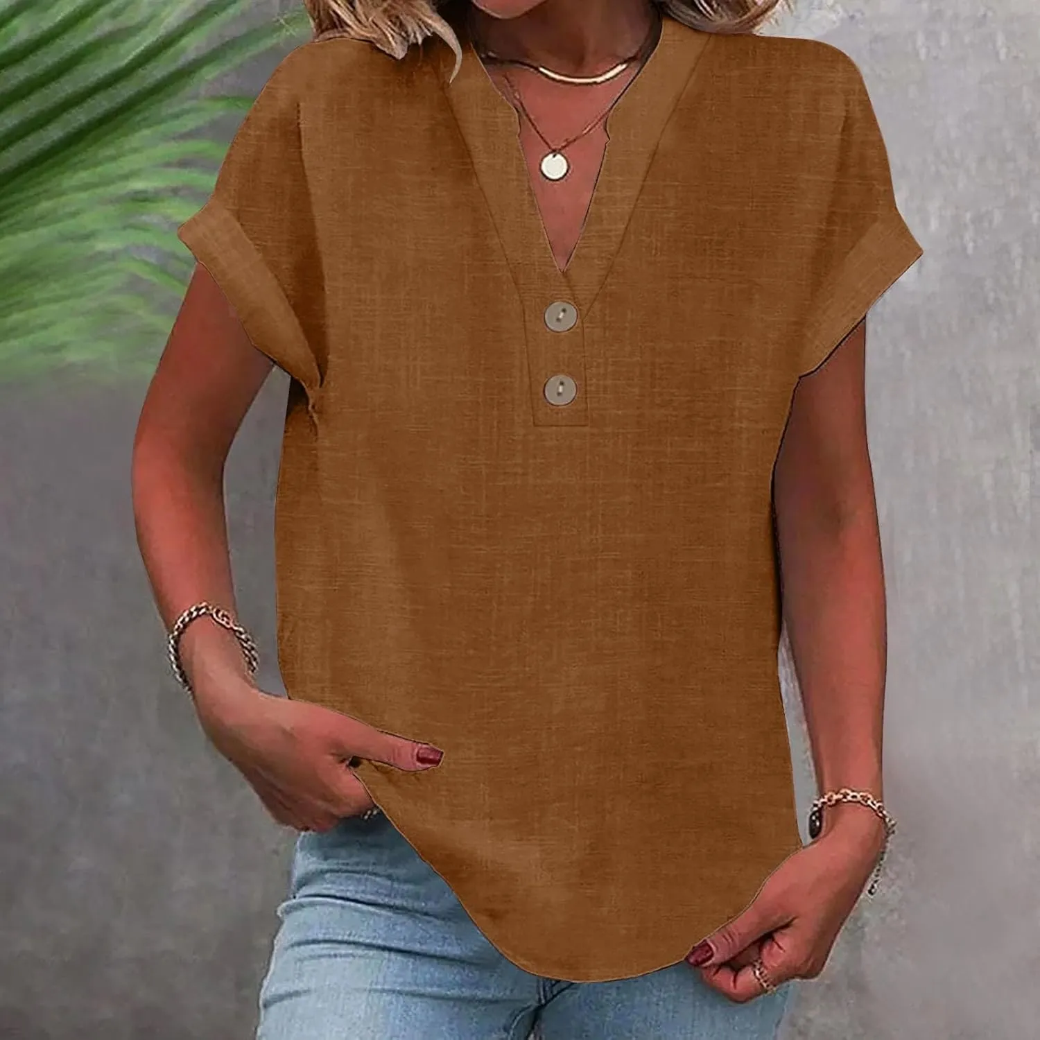 Womens Summer Tops Lightweight Trendy Linen Shirts Comfy Button Down Short Sleeve V Neck Tops Casual Dressy Blouses