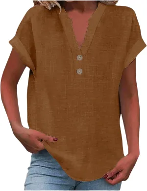 Womens Summer Tops Lightweight Trendy Linen Shirts Comfy Button Down Short Sleeve V Neck Tops Casual Dressy Blouses