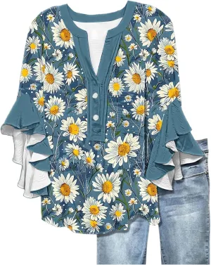 Women's Tops 3/4 Length Sleeves Floral Shirts Flowy Ruffle Sleeve Tops Half Button Down Shirt Summer V Neck Blouses