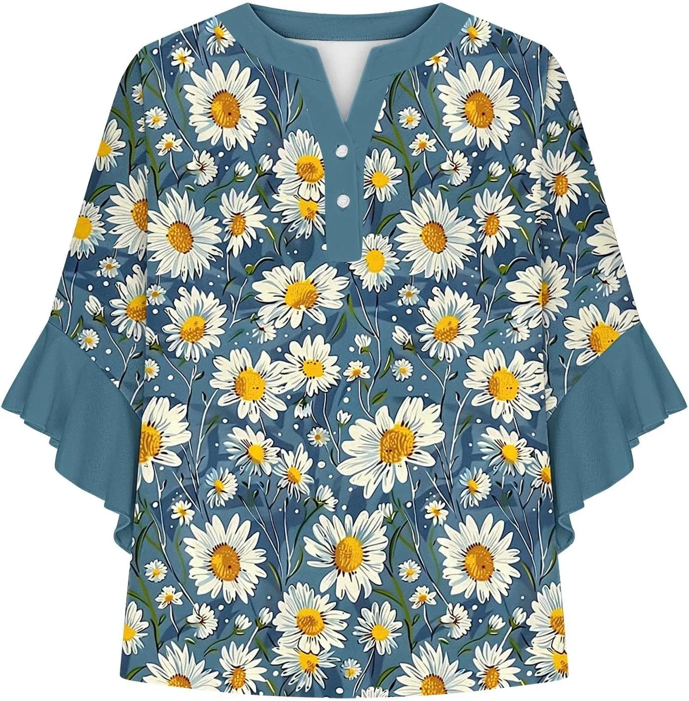 Women's Tops 3/4 Length Sleeves Floral Shirts Flowy Ruffle Sleeve Tops Half Button Down Shirt Summer V Neck Blouses