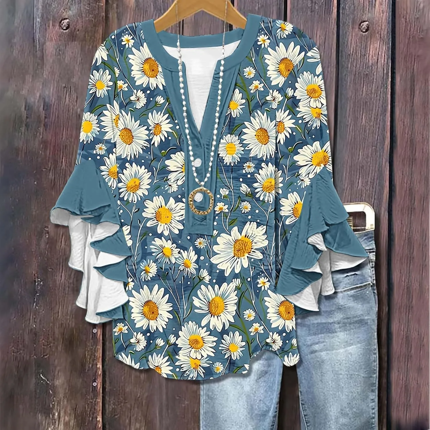 Women's Tops 3/4 Length Sleeves Floral Shirts Flowy Ruffle Sleeve Tops Half Button Down Shirt Summer V Neck Blouses