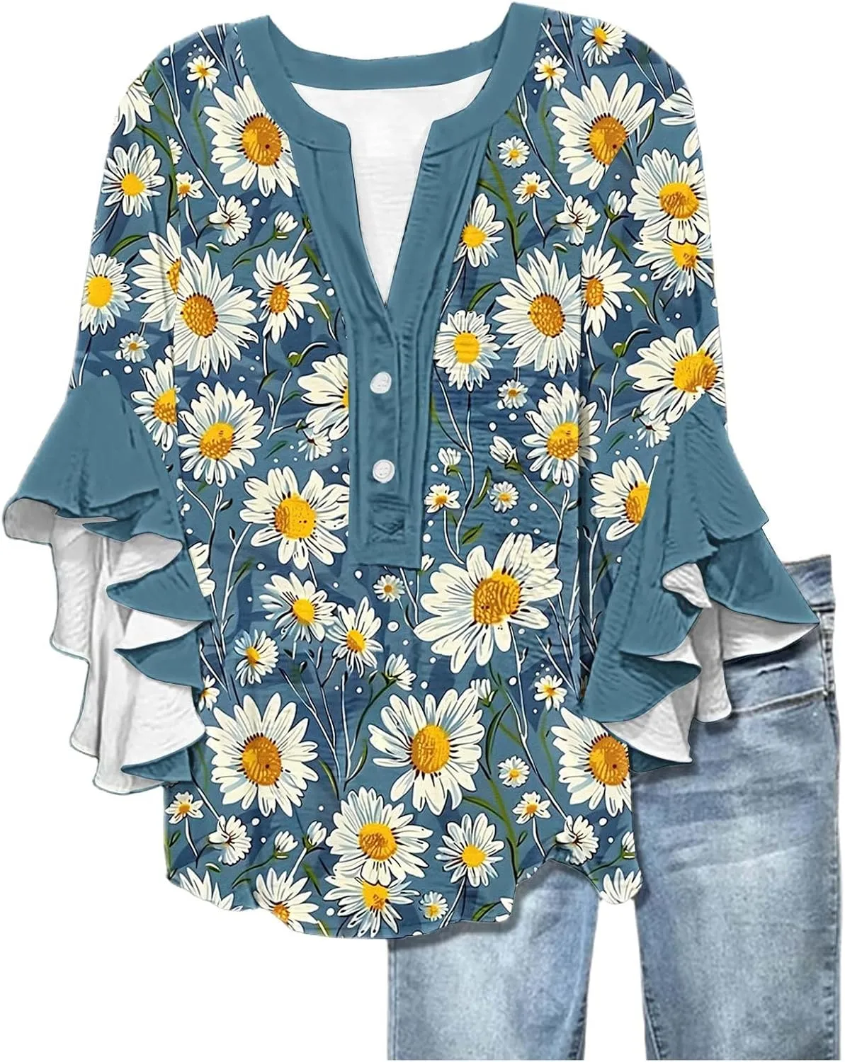 Women's Tops 3/4 Length Sleeves Floral Shirts Flowy Ruffle Sleeve Tops Half Button Down Shirt Summer V Neck Blouses