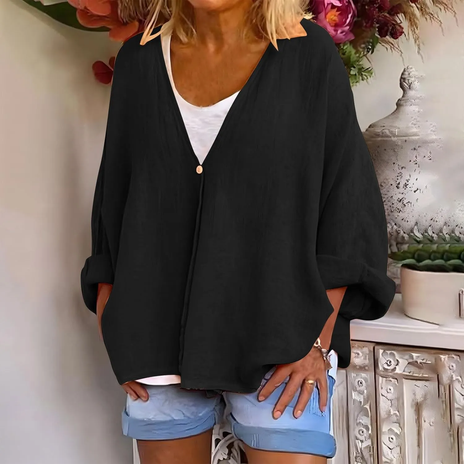 Womens Tops Casual Summer Linen Work Tops Trendy Button Down V Neck Long Sleeve Shirts Oversized Comfy Top Blouses