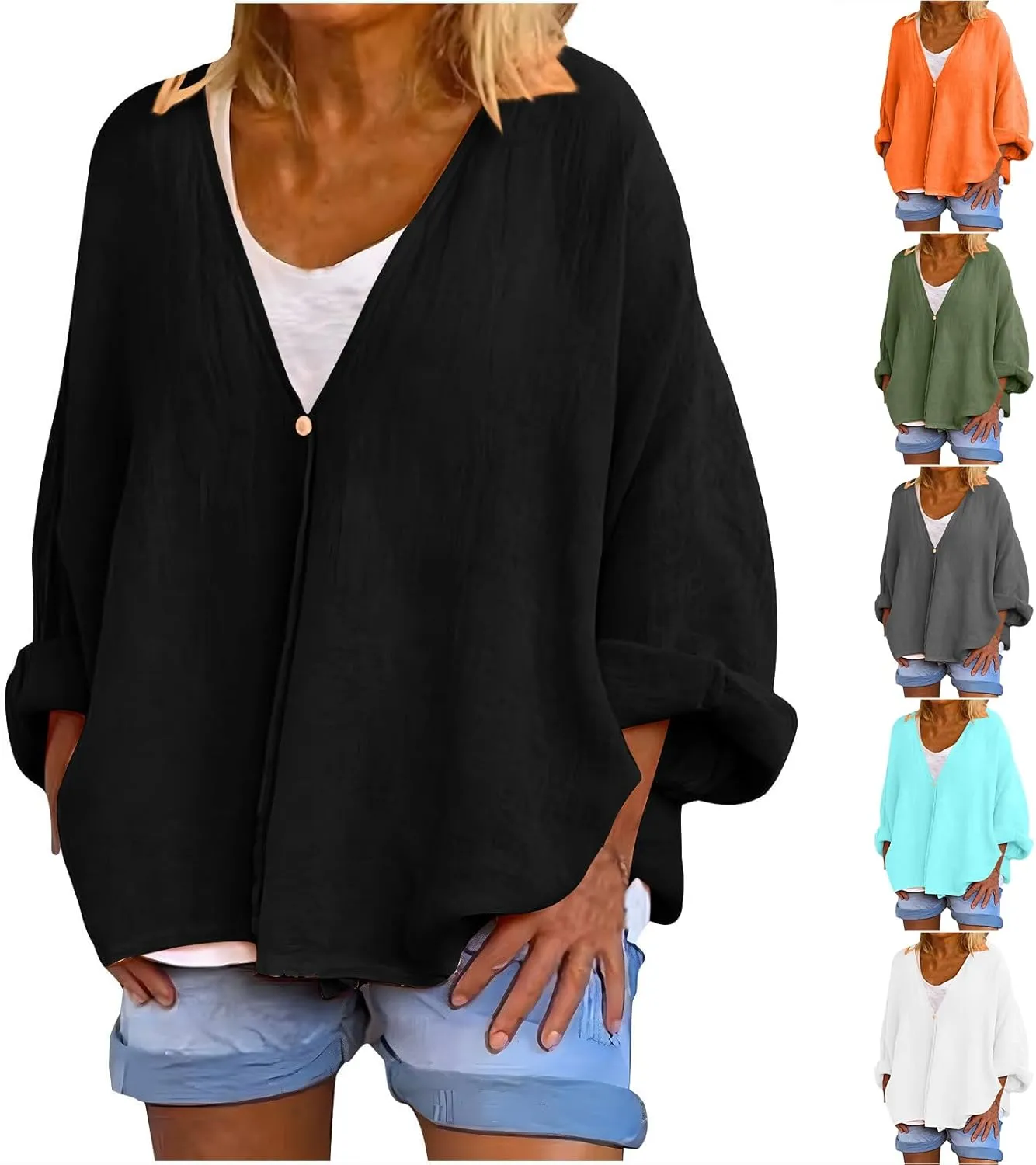 Womens Tops Casual Summer Linen Work Tops Trendy Button Down V Neck Long Sleeve Shirts Oversized Comfy Top Blouses