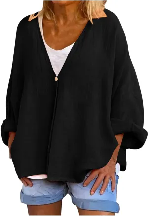 Womens Tops Casual Summer Linen Work Tops Trendy Button Down V Neck Long Sleeve Shirts Oversized Comfy Top Blouses