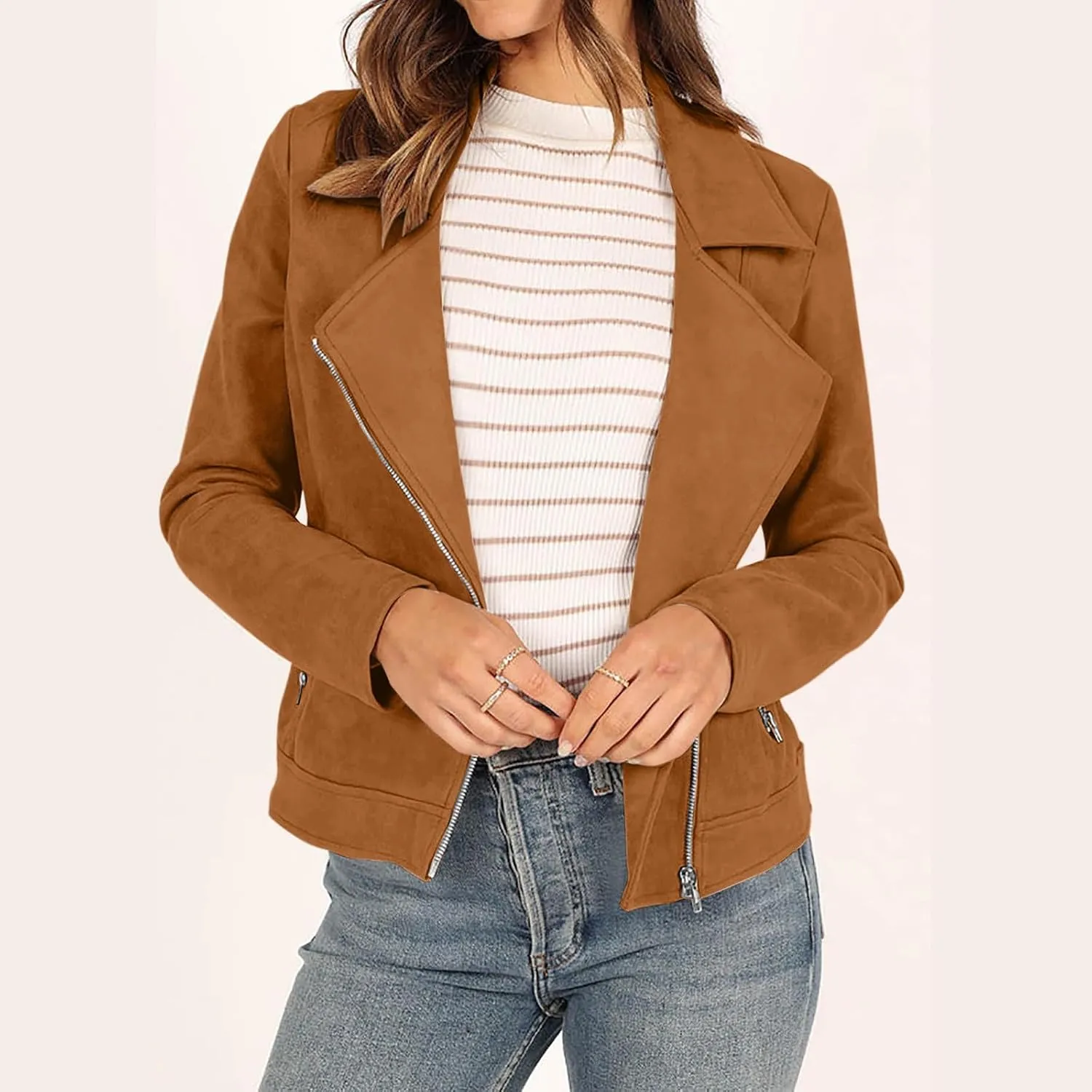 Womens Trendy Coats 2024 Fall Biker Moto Jacket Fashion Long Sleeve Zipper Short Casual Coat Streetwear Cropped Outwear