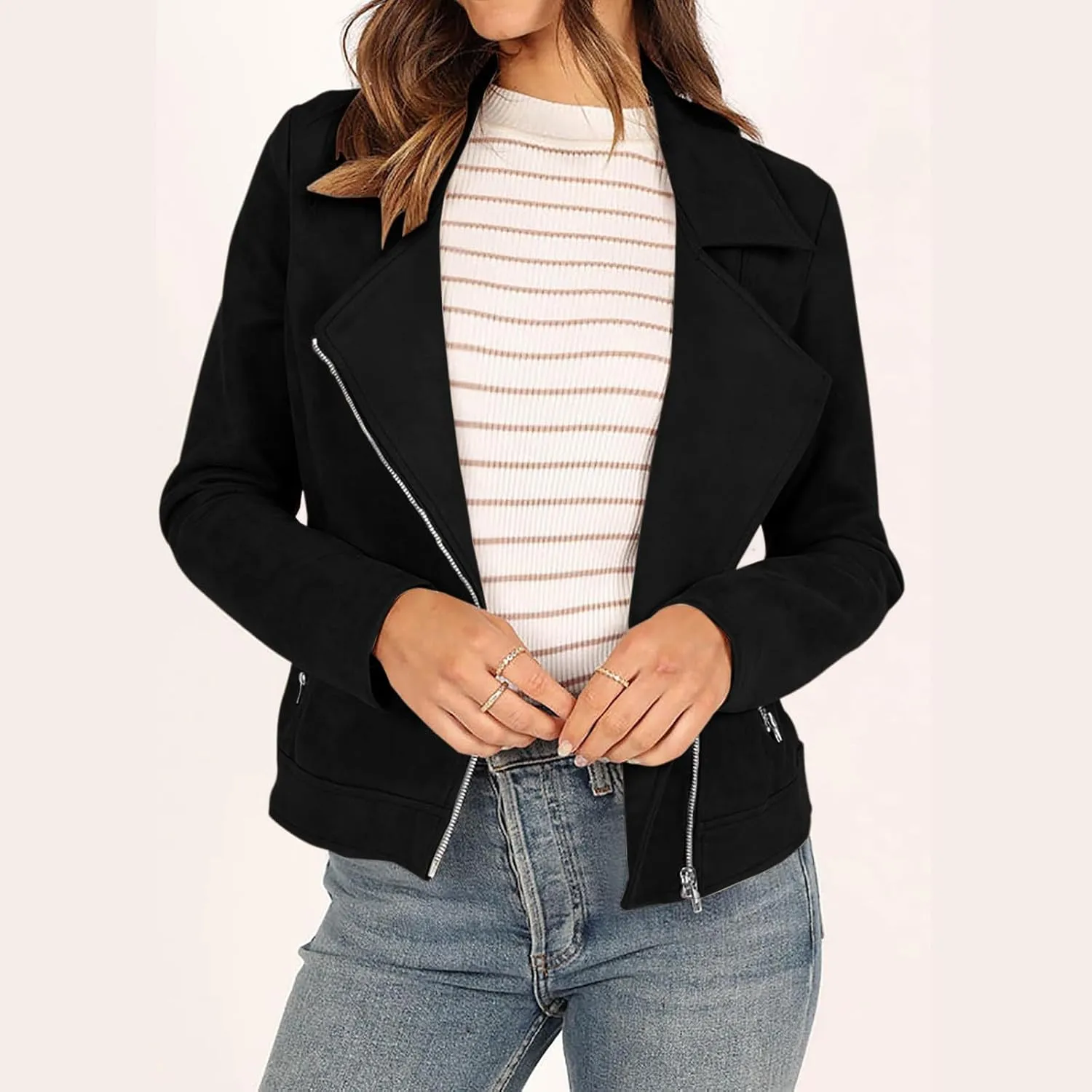 Womens Trendy Coats 2024 Fall Biker Moto Jacket Fashion Long Sleeve Zipper Short Casual Coat Streetwear Cropped Outwear